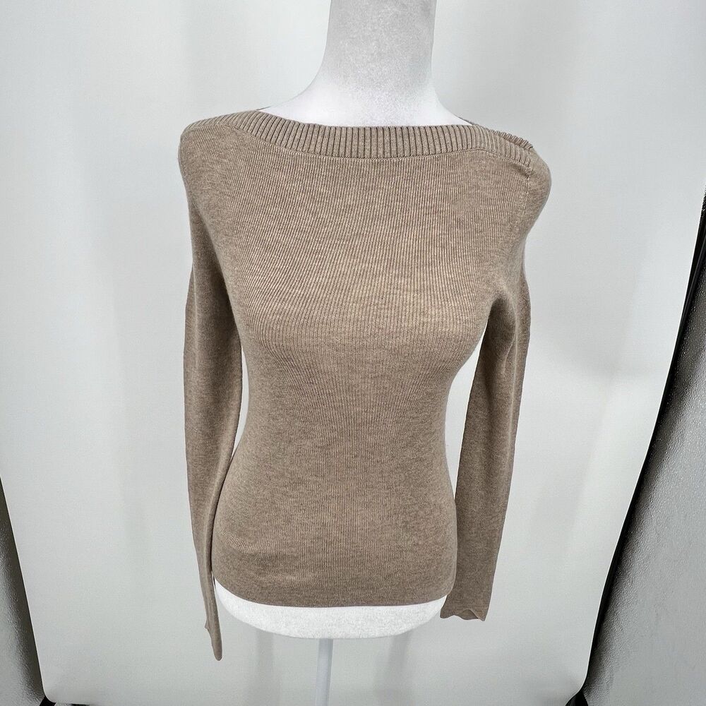 ADAY Branch Out Knit Sweater Womens SZ XS Tan Merino Wool Blend Boatneck Classic